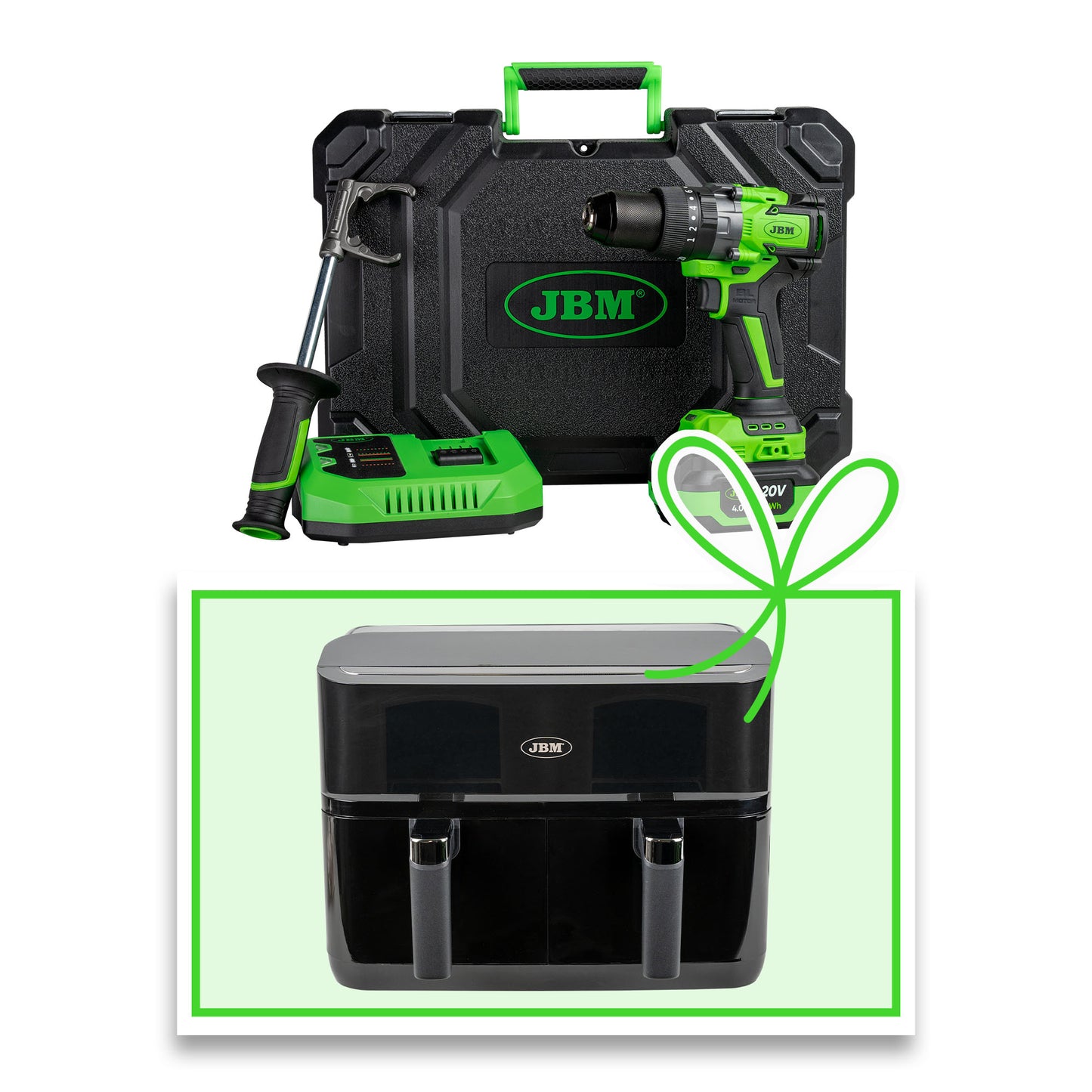 TALADRO PERCUTOR 2 VELOCIDADES A BATERÍA CON MALETÍN + FREIDORA