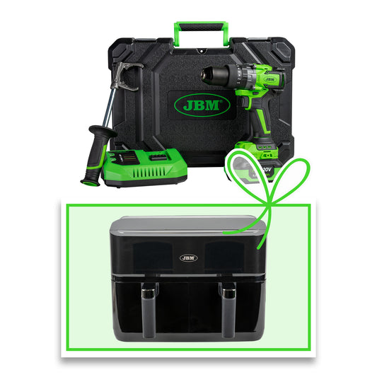 TALADRO PERCUTOR 2 VELOCIDADES A BATERÍA CON MALETÍN + FREIDORA